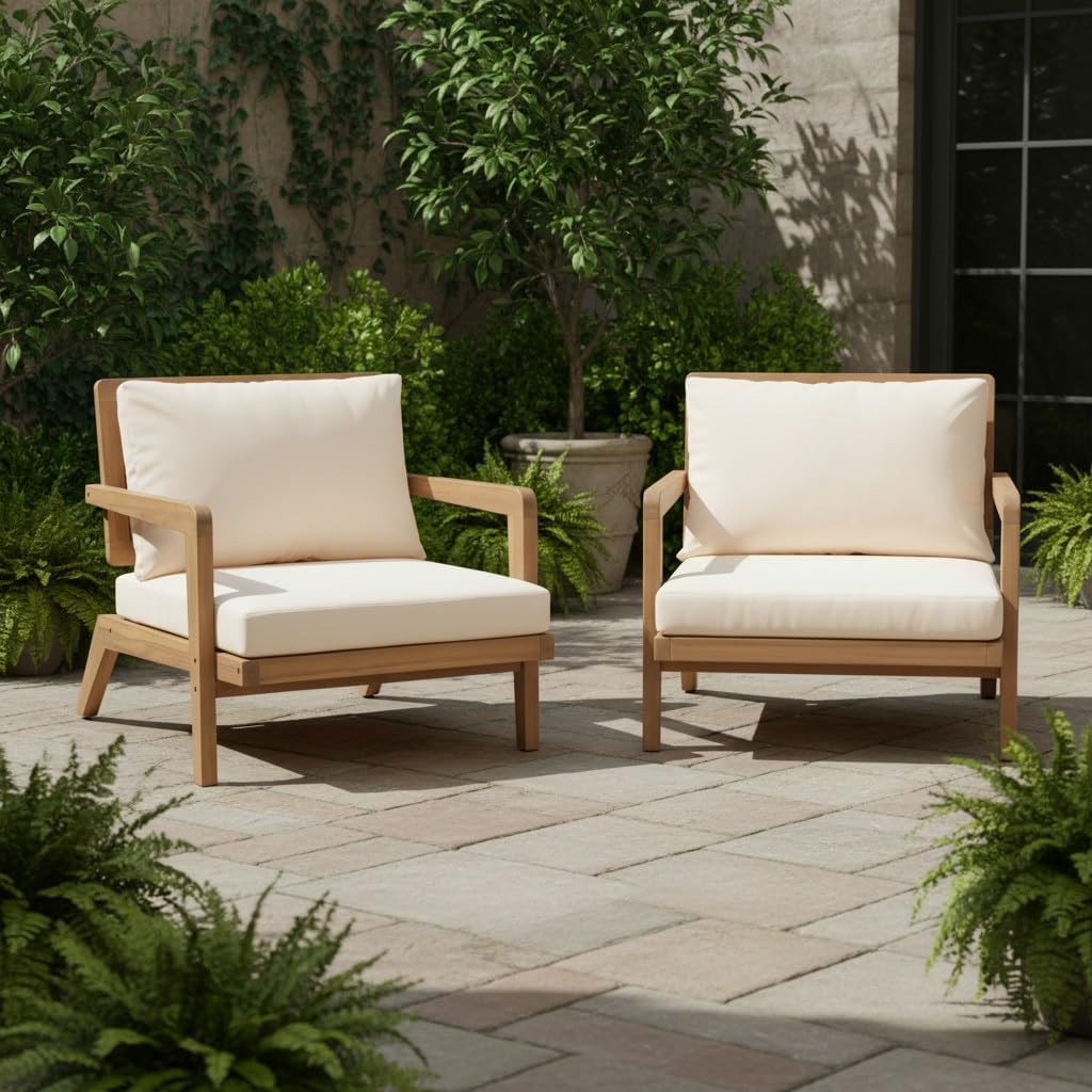 Maeve Set of 2 Mid Century Modern Patio Furniture Acacia Wood Club Chairs, Outdoor Lounge Chairs, Relaxing Armchairs/Accent Chairs with Cushions for Patio, Light Teak+Beige