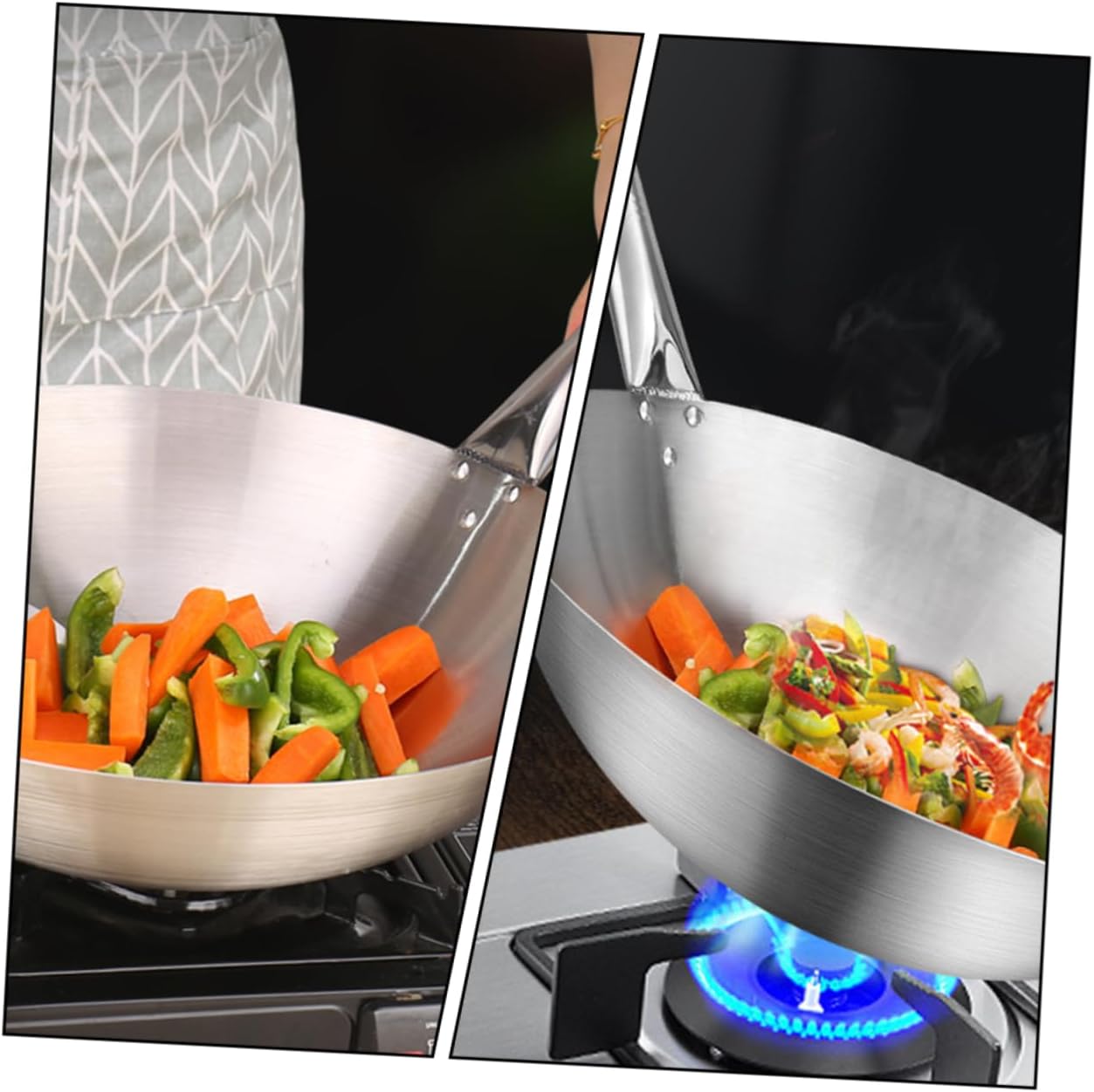 Single Handle Stainless Steel Round Bottom Wok Skillet Lid Kitchen Utensil