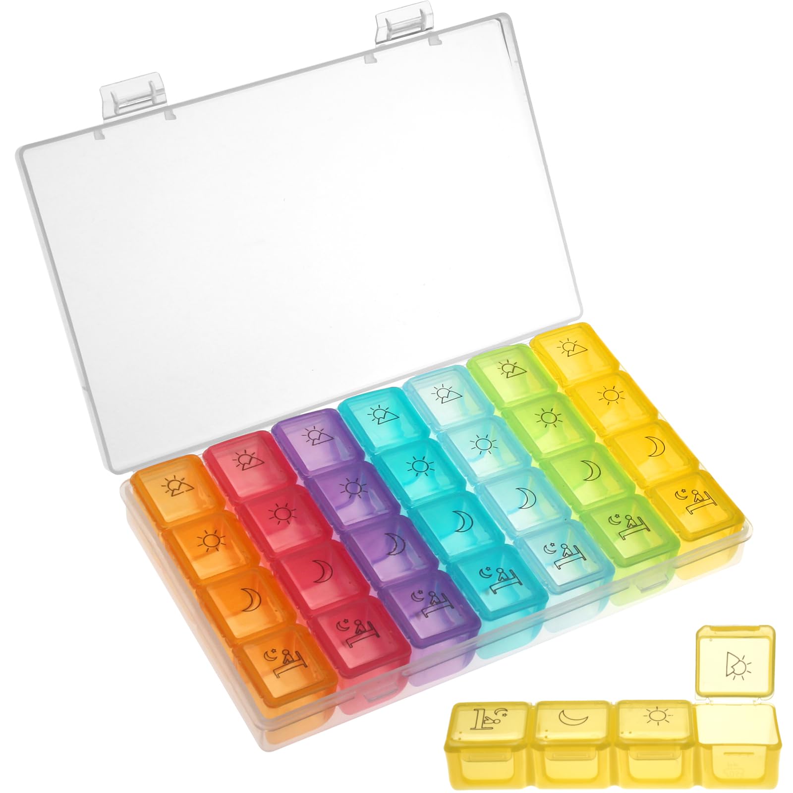 T Tersely Pill Organiser Box 7 Day,28 small compartments,Weekly Travel Pill Dispenser 4 Times a Day for Vitamin Fish Oil Container Planner (Rainbow)