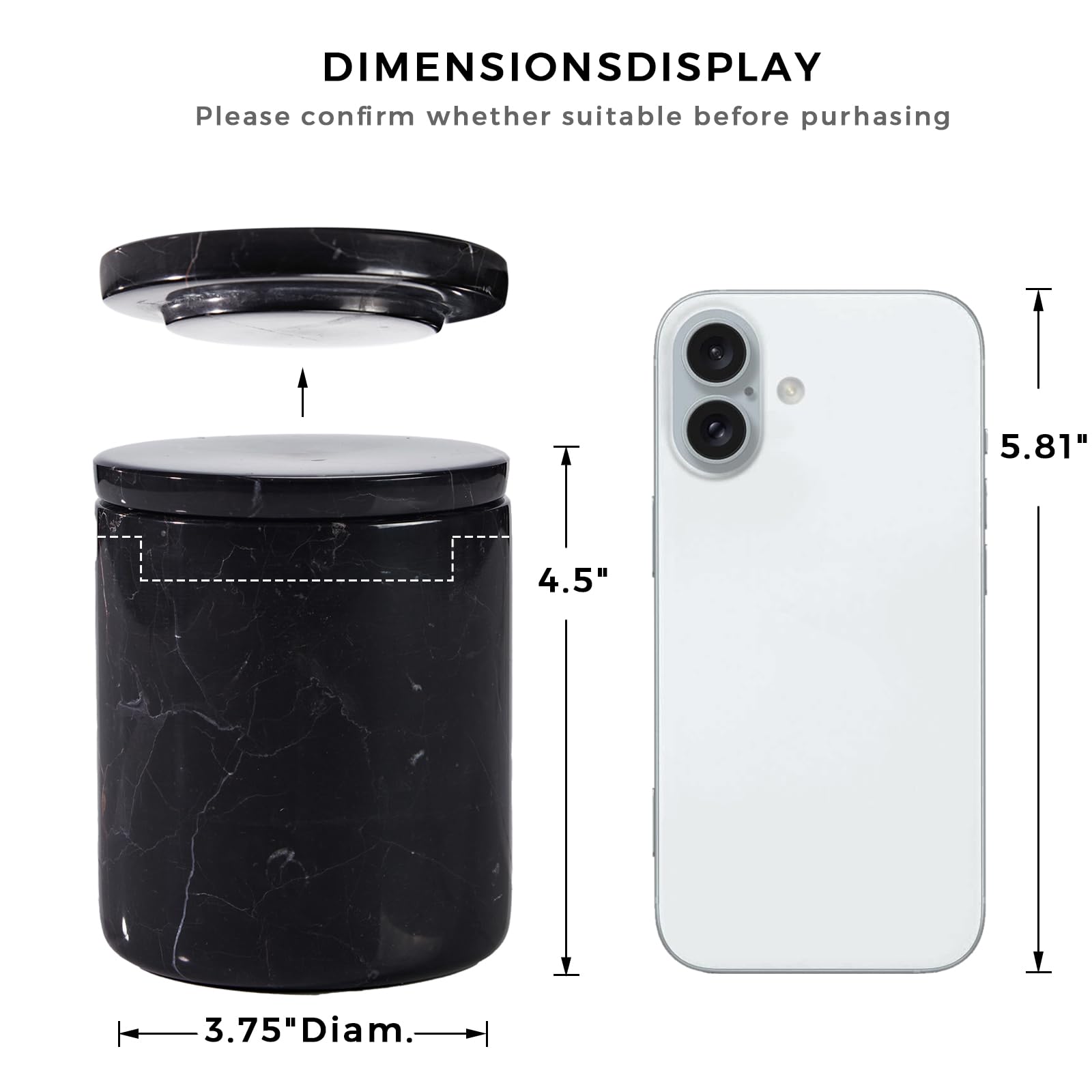 Black Marble Canister with Lid, Natural Marble Bathroom Qtip Holder Storage, 3.75 Inch Dia x 4.5 Inch Ht High Capacity Damp Proof Container for Cotton Swabs, Jewery, Bathroom Bath Salt