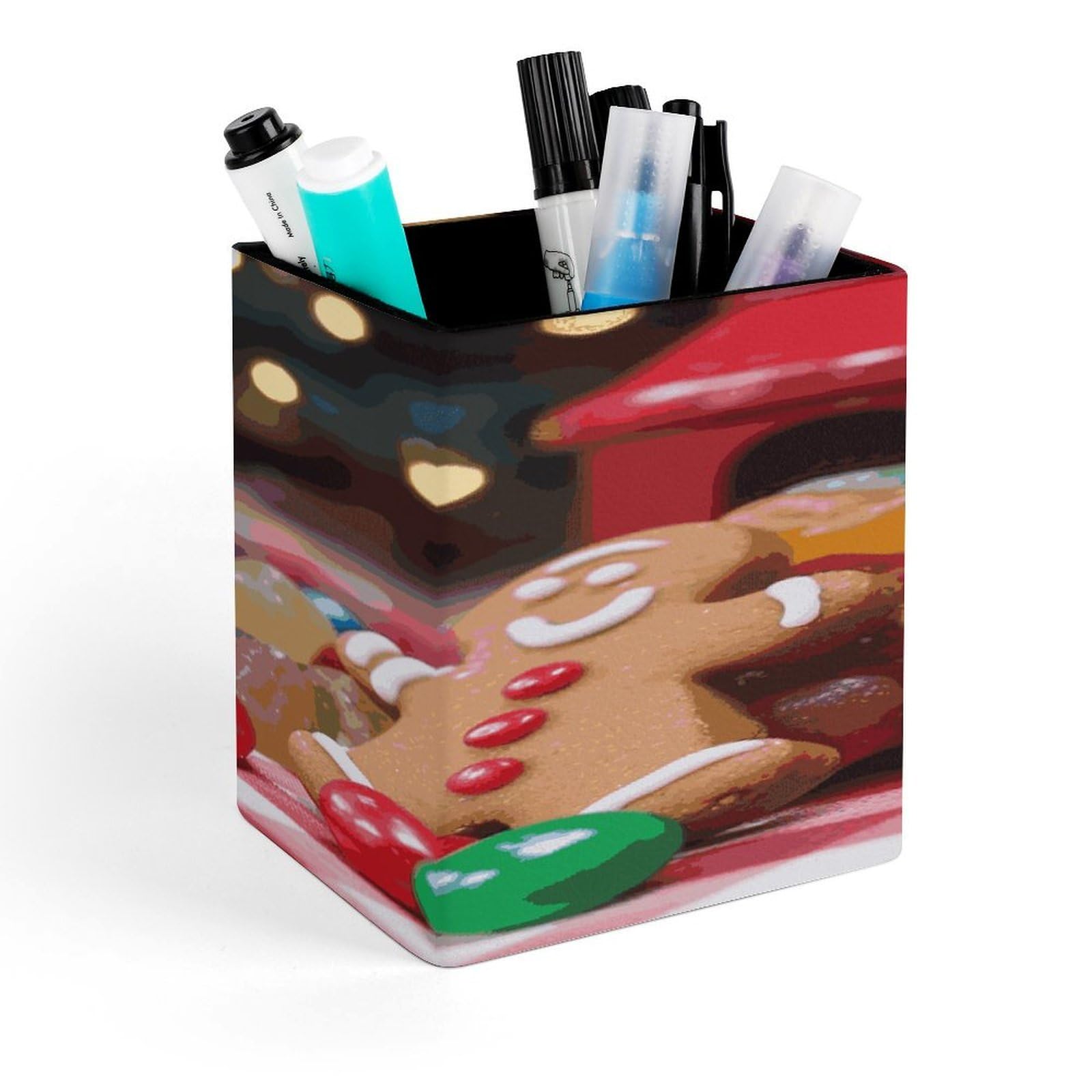 FekiLoot Gingerbread Man Candy Pencil Holder for Desk Square Leather Pen Holder Cup Desktop Organizer Multi-Functional Pencil Cup Holders Modern Decorative Desk Organizer Caddy Makeup Brush Holders
