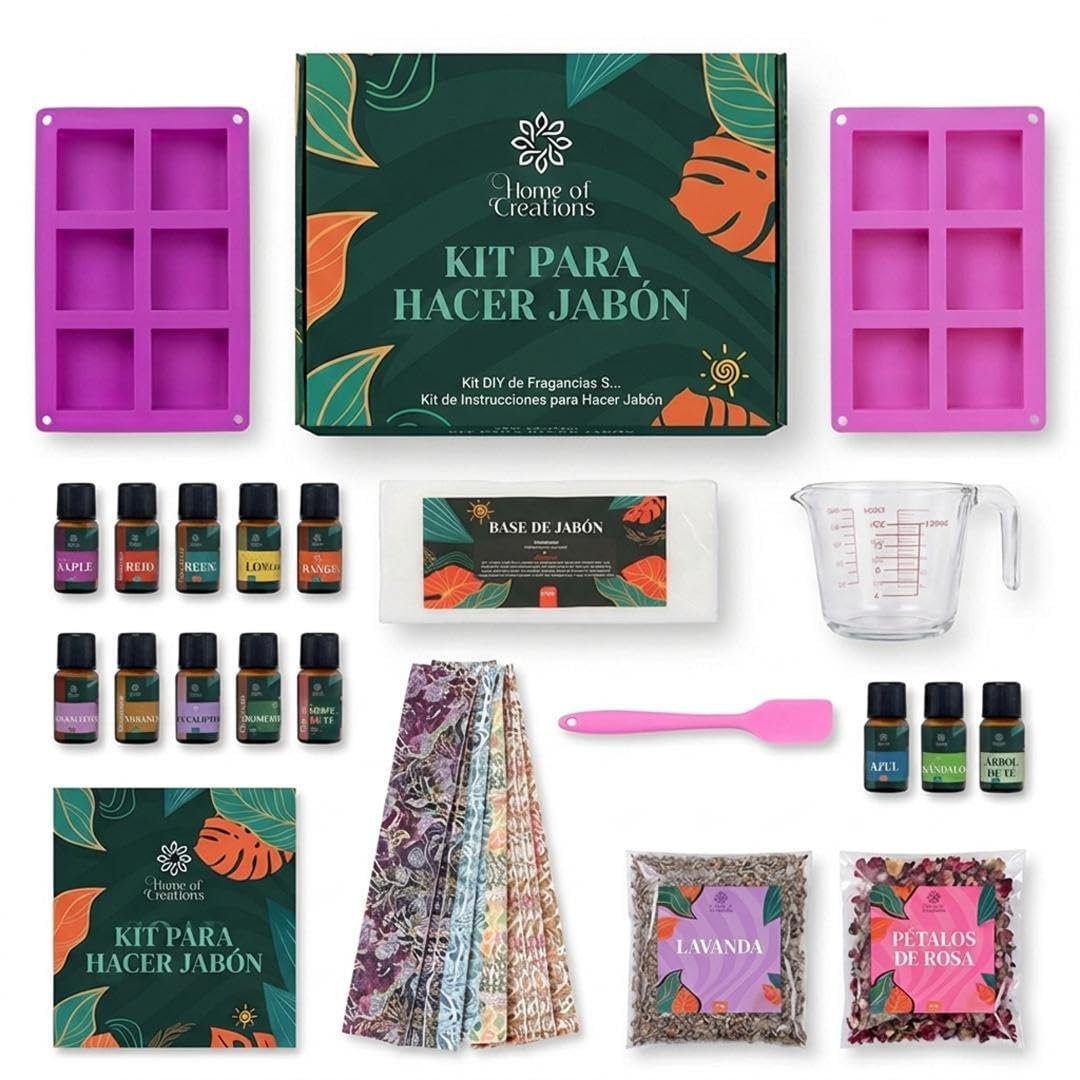 Home of creations Kit Jabón DIY 36 Piezas con Moldes y Aromas | 36 piezas, moldes, aceites aromáticos, pigmentos y guía, kit creativo para hacer jabones personalizados en casa