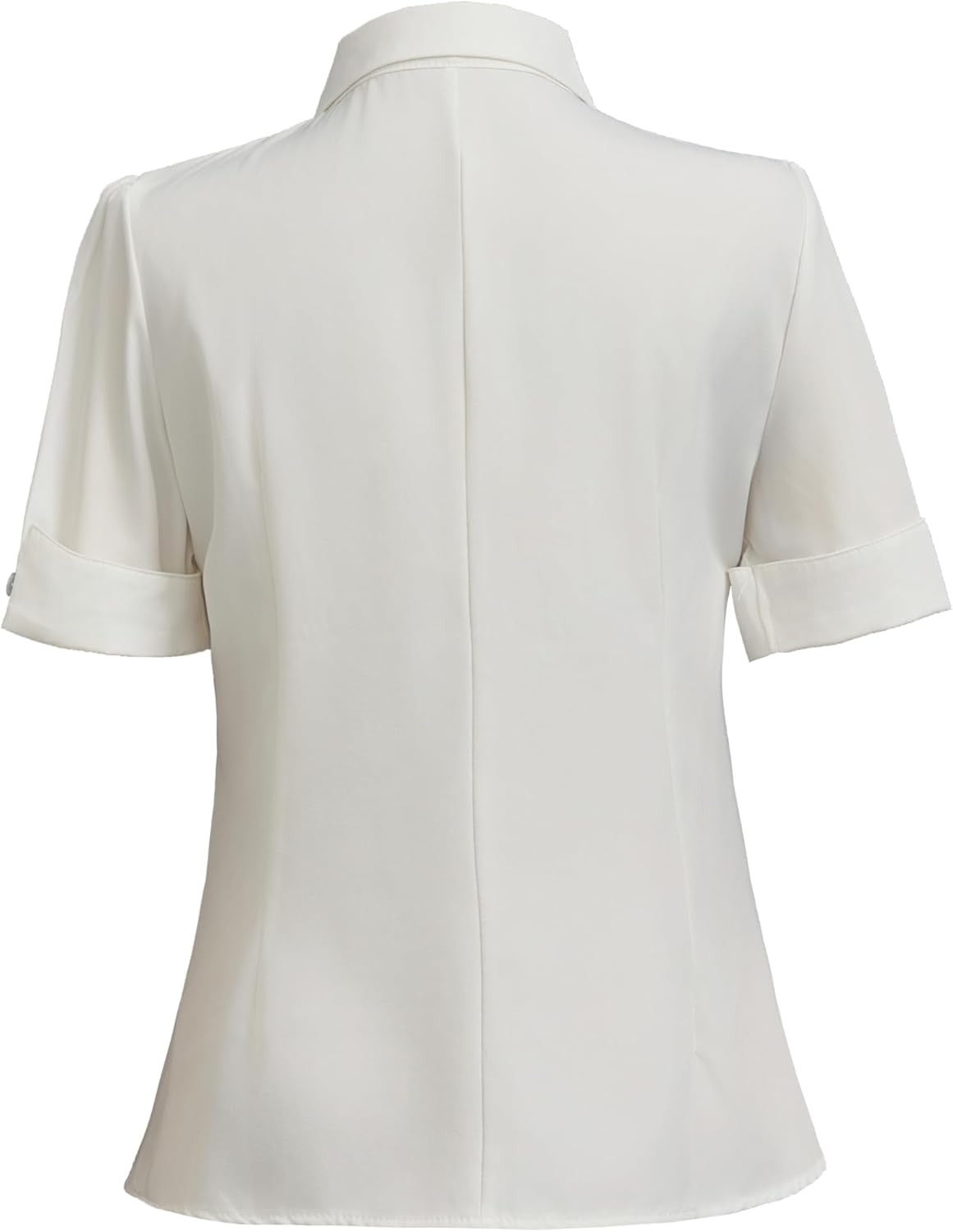 Women Ivory White Bowtie Baby Collar Tops Blouses Short Sleeve OL Chiffon Button Down Shirt - Image 9