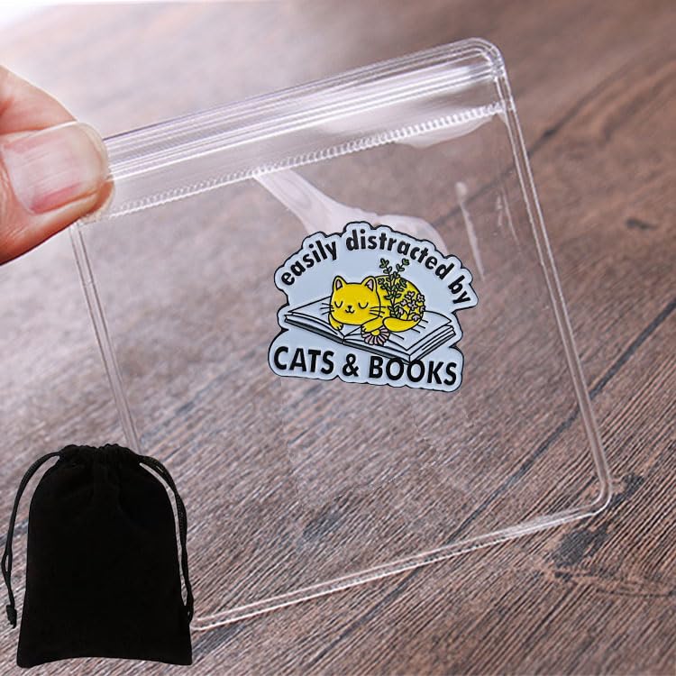Image of Easily Distracted By Cats And Books Enamel Pin Animal Pet Reading Brooch Badge Lapel Pin for Clothes Bags Backpacks for Cat and Book Lovers