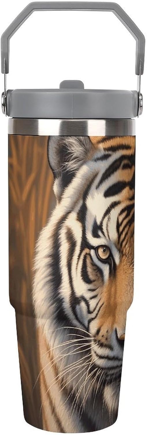 30oz Insulated Tumblers with Top Handle, Stainless Steel Tiger Car Cup with Straw for Gift, Leak-Proof Double Wall Vacuum Travel Mug, Personalized Water Bottles White