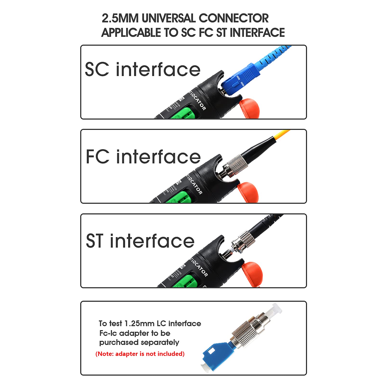 Localizzatore di guasti in fibra ottica 30mW, 30KM VFL Tester per cavi in ​​fibra ottica per connettore universale da 2.5 mm Adattatore da FC a LC per CATV, tester per cavi di rete (Verde)