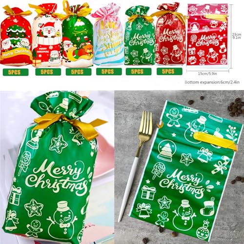 50pcs Christmas Drawstring Gift Wrap Bags Set Drawstring Xmas Wrapping Bag Xmas Gift Wrap Bag Small Medium Assorted 10 Designs 3 Sizes & About 50pcs Heat Sealable Christmas Bags - Image 5