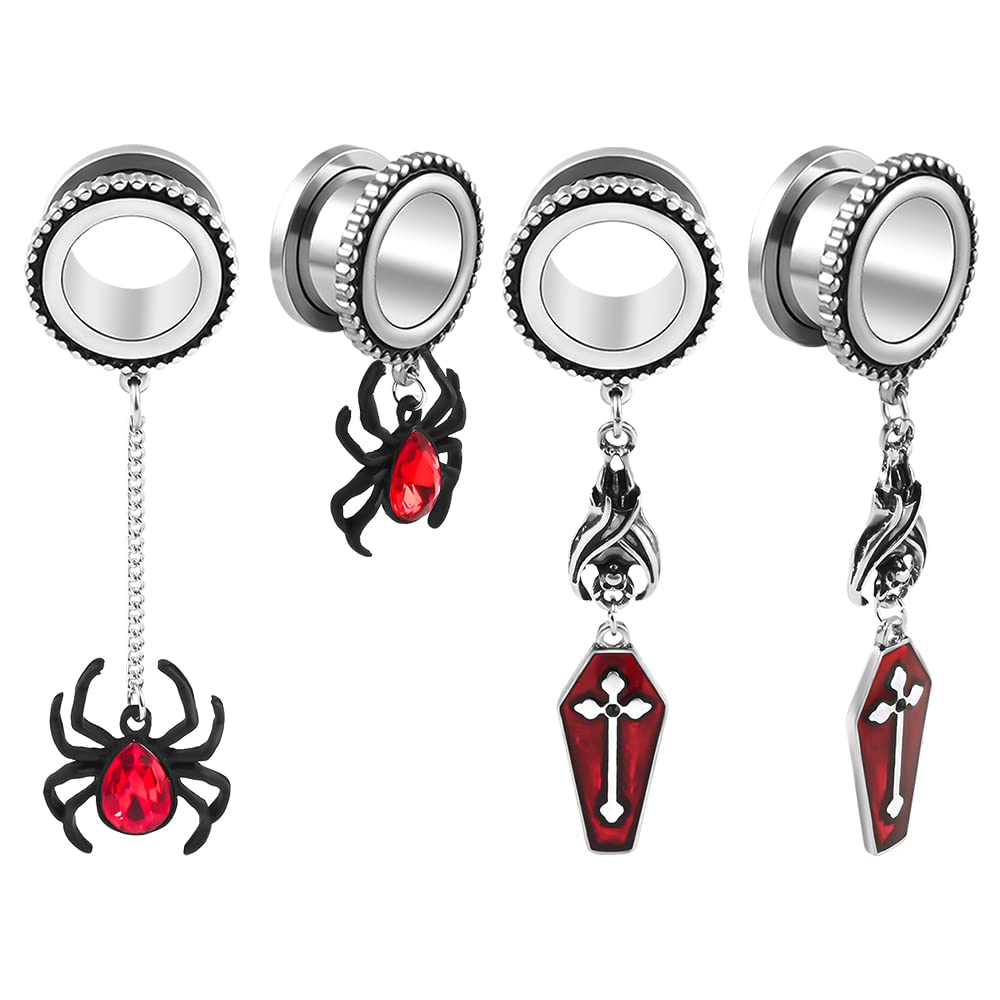 Vankula2Pairs Set Cool Spider Shield Pendant Hypoallergenic Stainless Steel Plugs Ear Gauges Tunnels Piercing Expander Stretchers Fashion Body Jewelry
