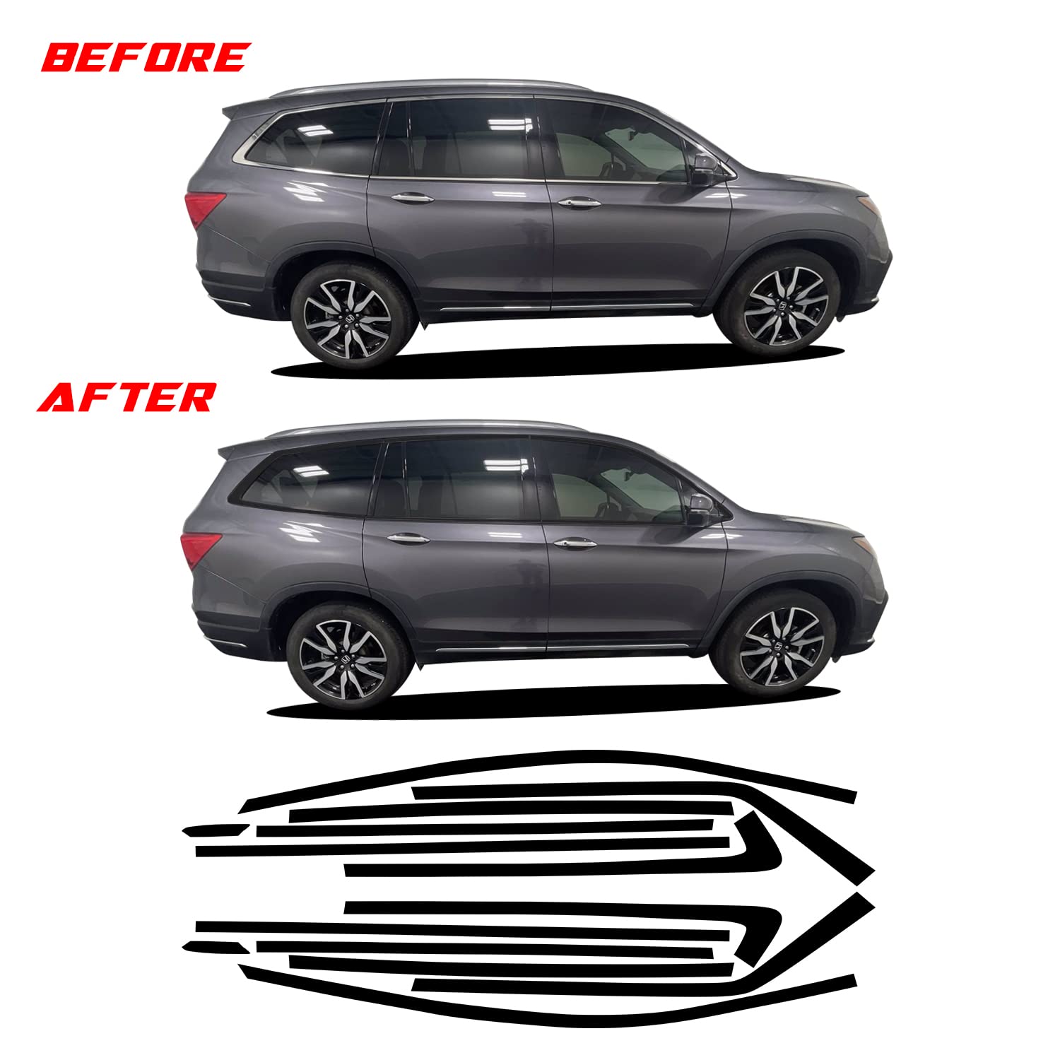 Window Trim Chrome Delete Precut Blackout Vinyl Wrap Overlay Kit Compatible with and Fits Pilot 2016-2021 - Matte Series