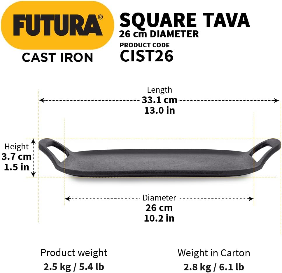HAWKINS Futura 26 cm Cast Iron Square Tava, Cast Iron Tawa for Pathri, Cast Iron Cookware for Kitchen (CIST26), Black