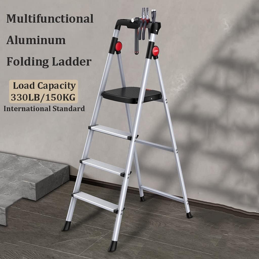 Step Ladder Lightweight 4-Step Ladders with Wide Pedals Portable Aluminum Folding Ladder Home Folding Ladder Telescopic Ladder