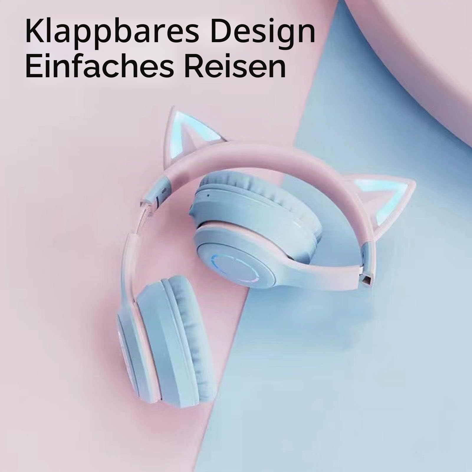 Annadue Gaming Kopfhörer mit Mikrofon, Bluetooth Katzenohr Kopfhörer Kabelloser Kopfhörer mit 3,5mm Aux Kabel, 7 Farben LED Lichter und 4 LED Lichtmodi (Blau)