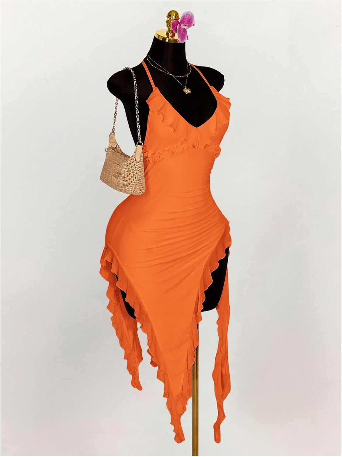 SweatyRocks Women's Mesh Bodycon Halter Midi Dresses Open Back Sleeveless Asymmetrical Ruffle Cocktail Dress - Image 4