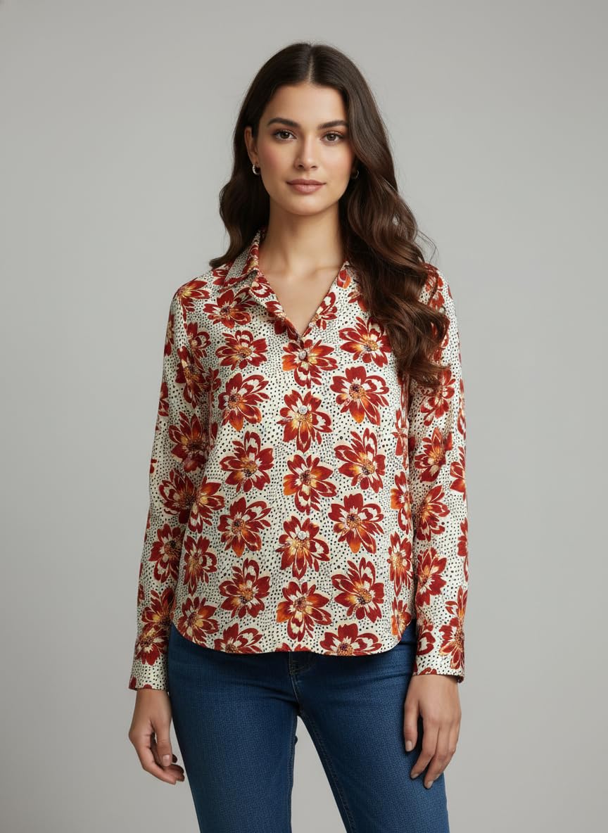 ANNI Designer Bedrucktes Damenhemd aus Baumwollmischgewebe, langärmelig, normale Passform, Hemdkragen, legere Bürokleidung, elegante Western-Kleidung für den Alltag, Hochzeit, Party