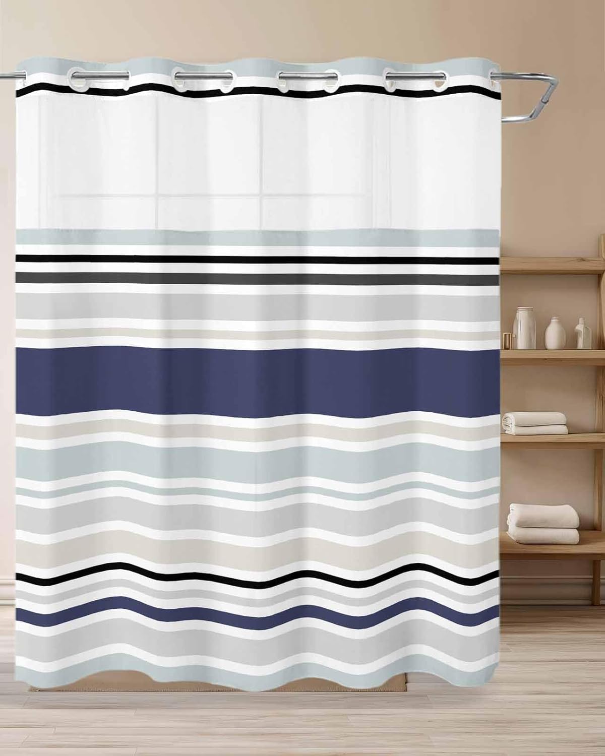 No Hook Striped Shower Curtain with Snap in Liner, Navy Blue and Gray Shower Curtain for Bathroom Waterproof Modern Stripe Bath Curtain with See Through Mesh Top Window, 72" x 72"