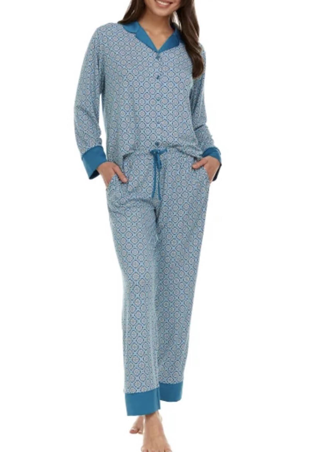 Flora Nikrooz FN Women's 2 Piece Super Soft Satin Trim Notch Collar Pajama Sleep Lounge Set