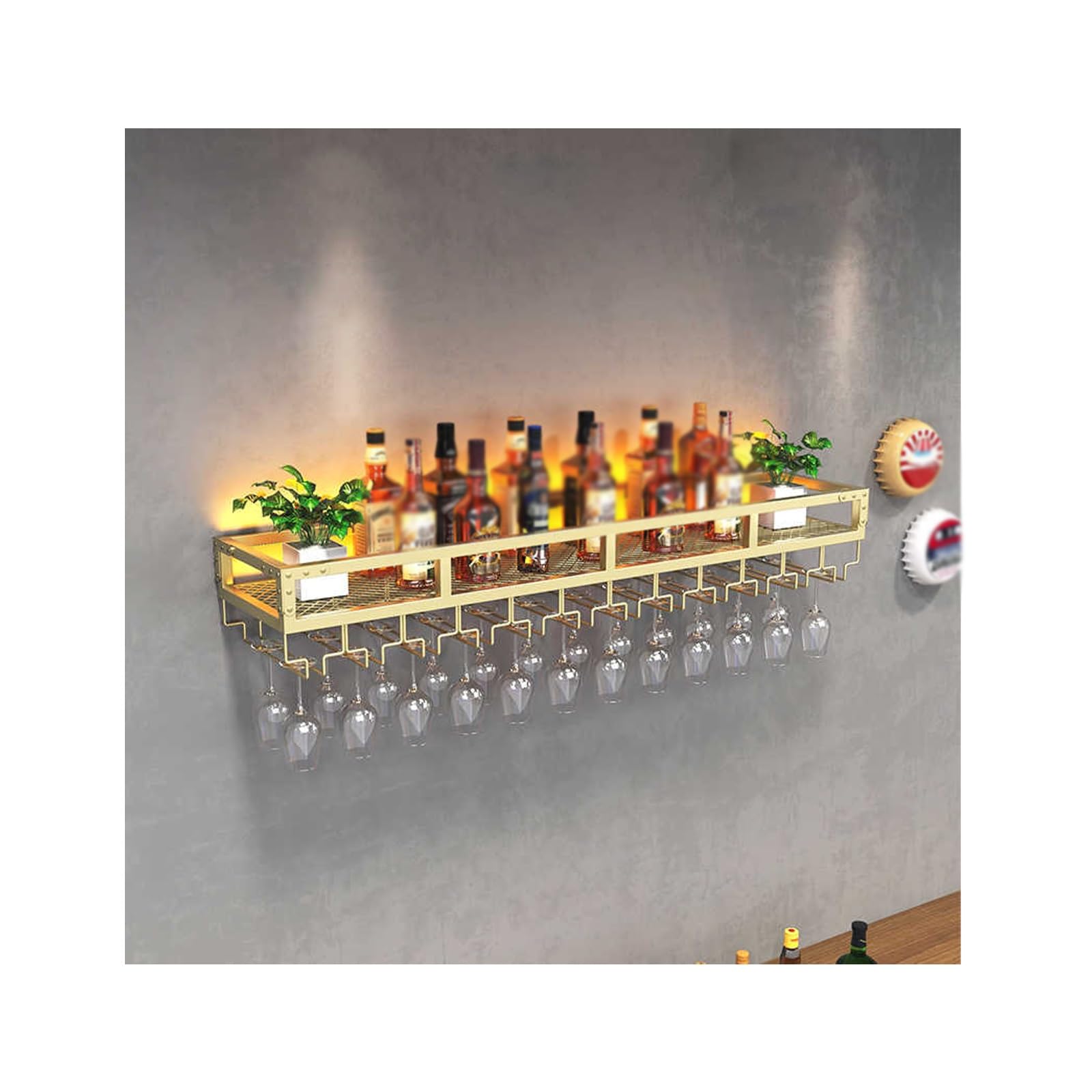 Étagère murale pour boissons alcoolisées lumineuse dorée pour animer votre cuisine