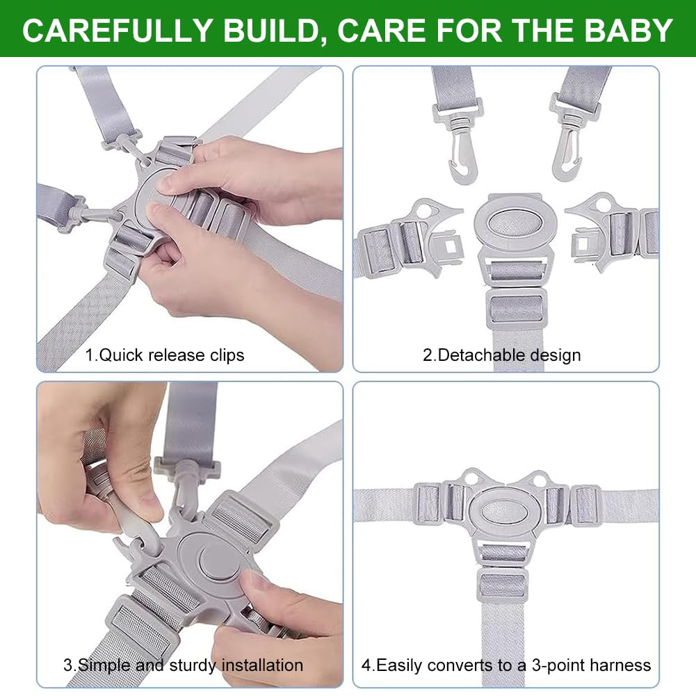Imbracatura per Seggiolone,Cinture Universali per Seggiolone,Cinture Passeggino Universali,Cintura Sicurezza Passeggino, Cintura di Sicurezza a 5 Punti Regolabile per Passeggini, Sedie, Ganci(Grigio)