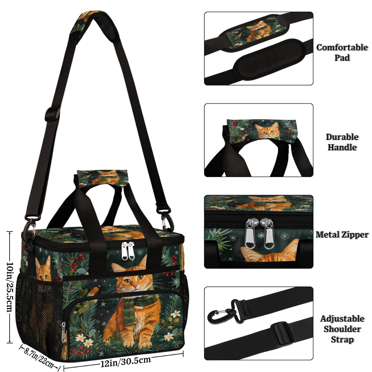 Christmas Cat Insulated Picnic Backpack Lunch Box for Women Men Picnic Basket Tote Lunch Bag Picnic Bag Portable Lunch Bags for Picnic, Beach, Work, Trip,Office, Camp Scarf Cat