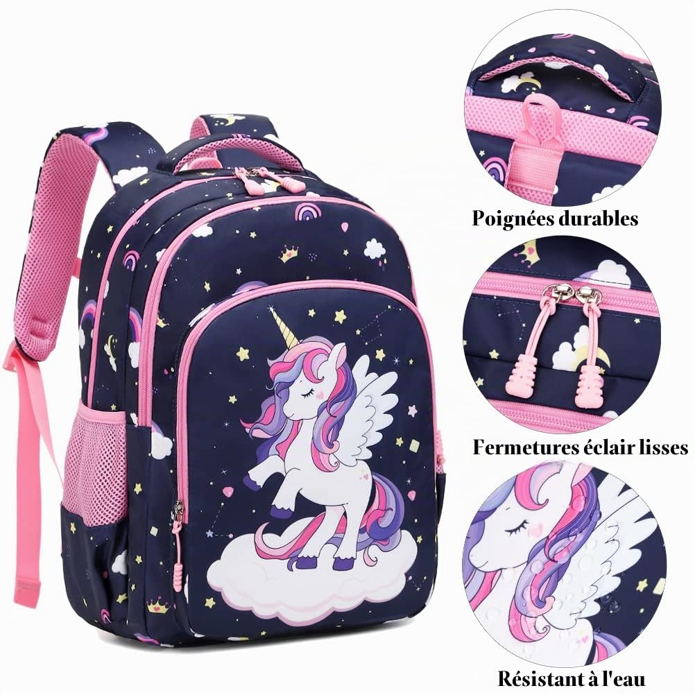 Kimwadalh Cartable Fille Primaire Cartable Licorne Sac à Dos Fille Sac école Sacs à Dos Enfant Filles Sac Scolaire Sets + Isotherme Panier Repas + Trousse