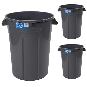 Magnum Gray 44 Gallon Trash Can, Construction Grade, Heavy Duty Plastic, Jobsite Ready for Handling and Holding Garbage CMTC-C000-44G03 3 Pack
