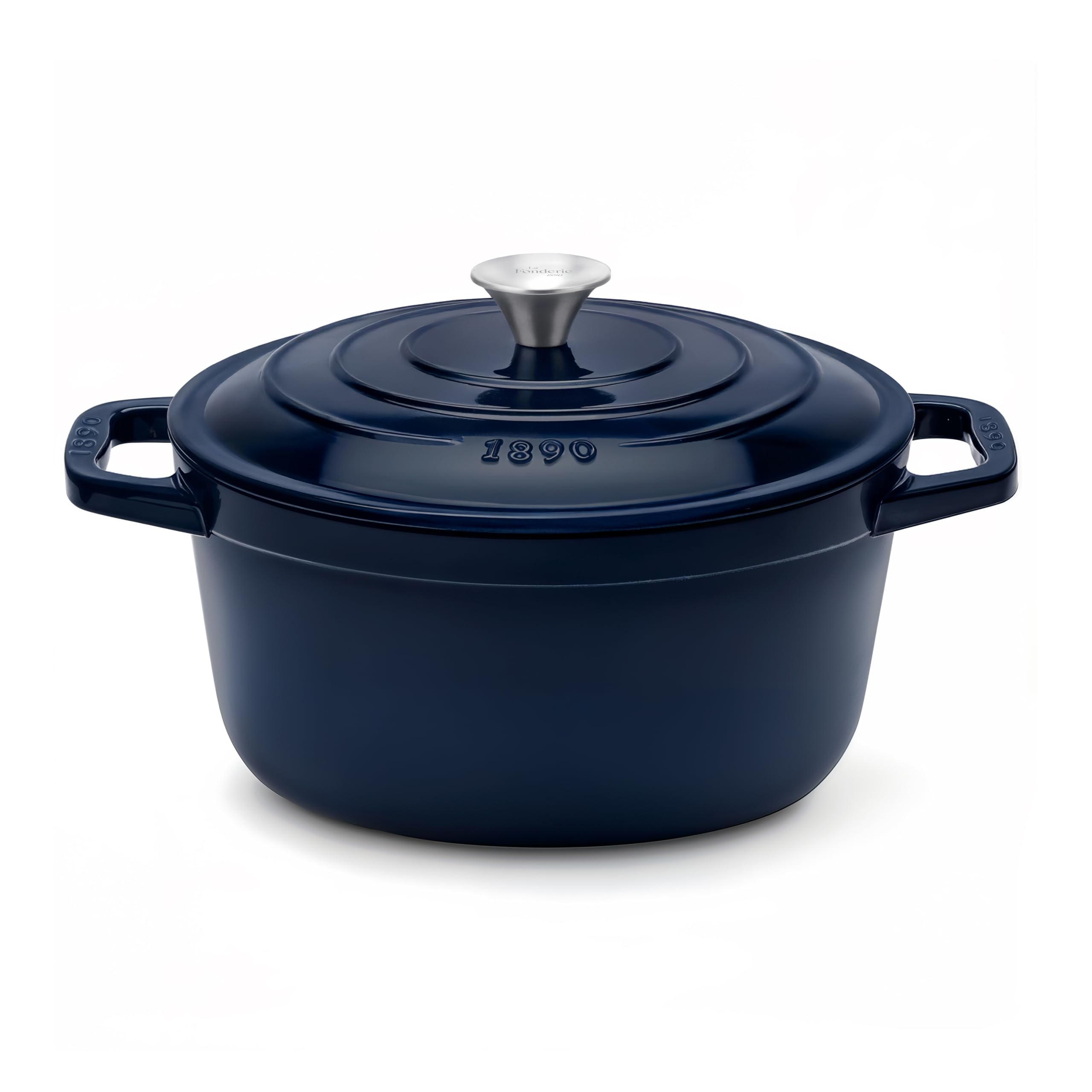 La Fonderie 1890 Cocotte Ronde Fonte Émaillée 22cm ALMA22, Capacité 3,​3 L, Bleu Marine, Compatible Tous Feux, Induction, Gaz, Électrique, Grill, Four, Couvercle en Fonte, Idéale pour Mijoter et Rôtir