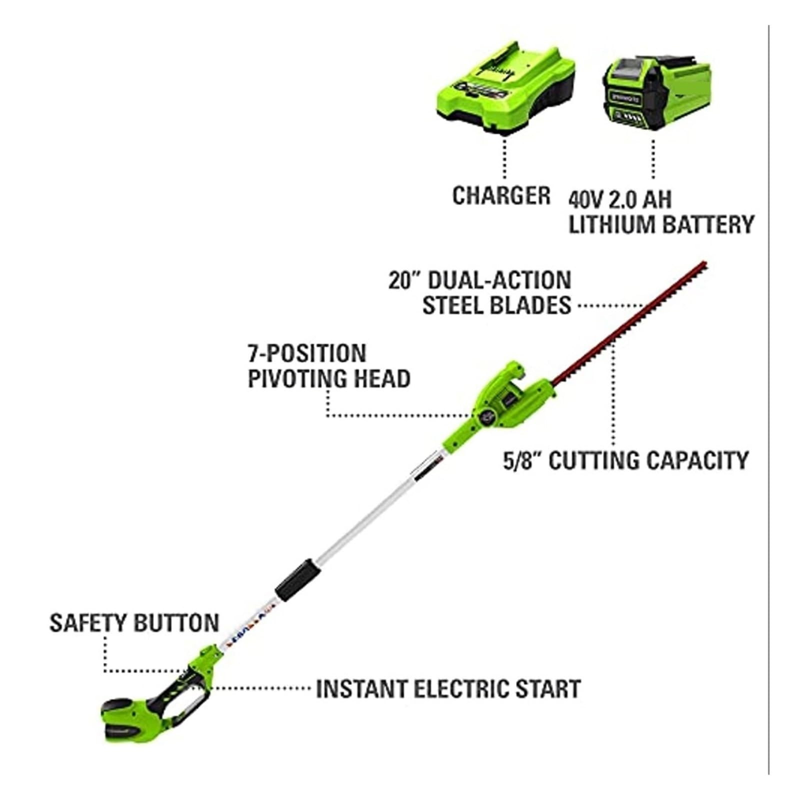 40V 20quot; Cortasetos de pértiga inalámbrico, batería de 2,0 Ah y Cargador incluidos Bordeadora De CéSped Multifuncional
