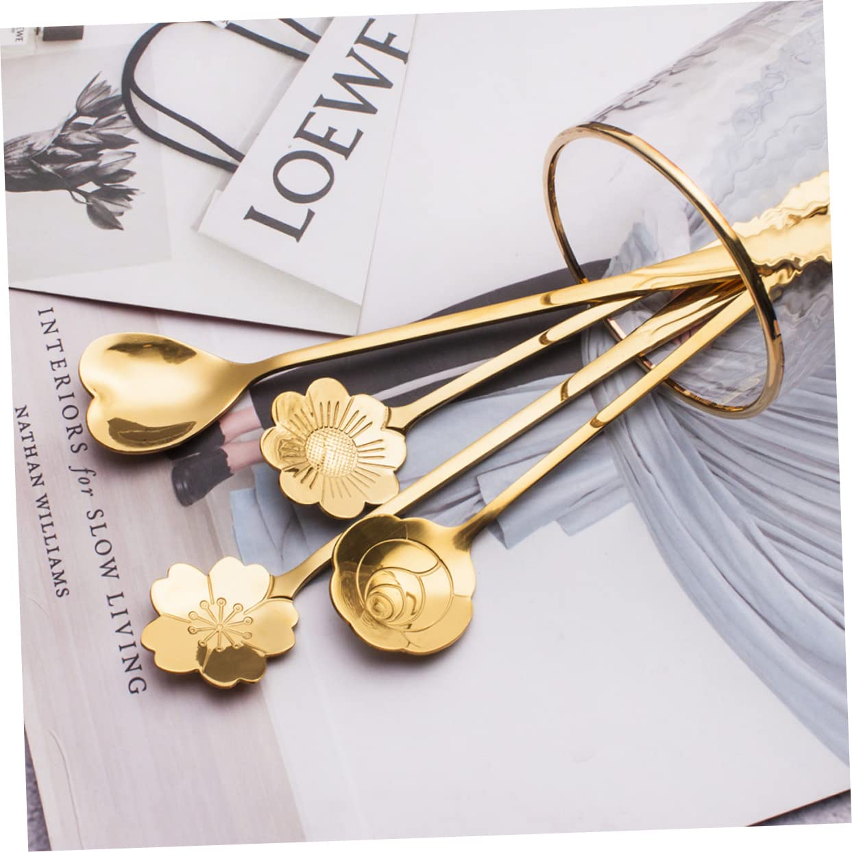 BRIGHTFUFU 3-pc Set Rose Gold Stainless Steel Spoons Long Handle Petal Stirrer for Coffee Tea Cocktails