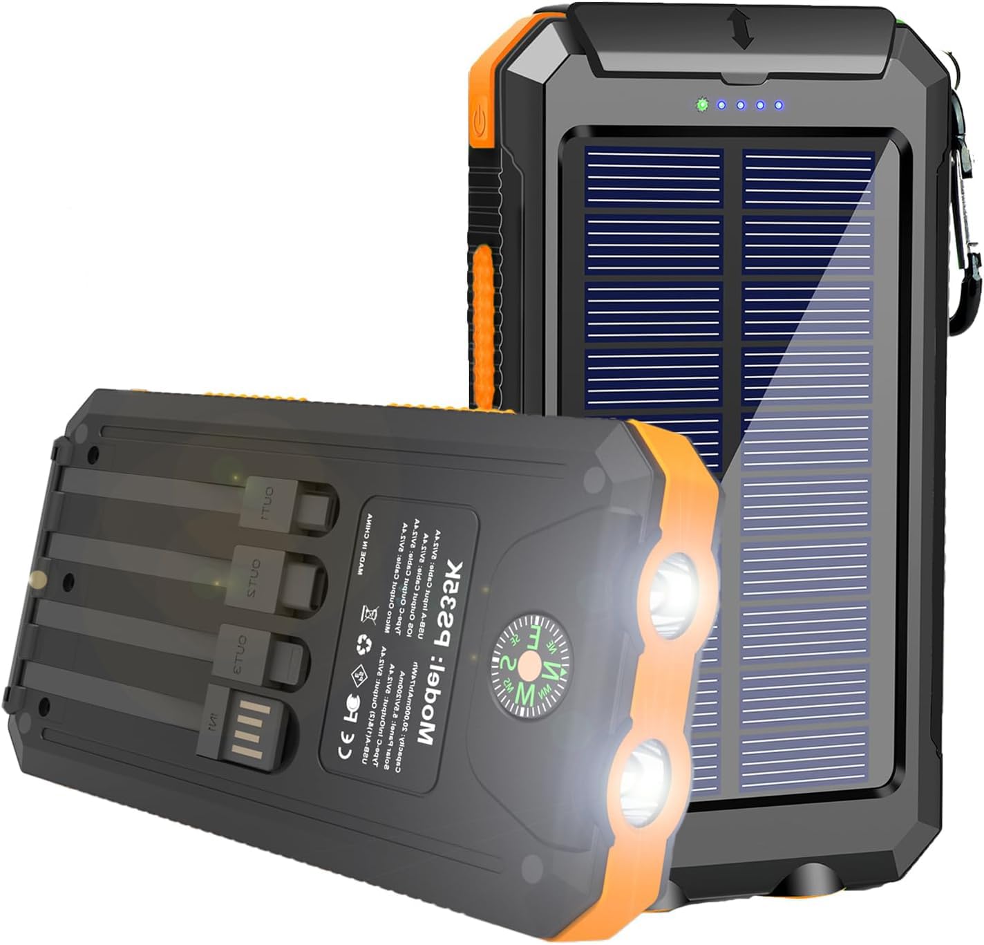 Solar Charger Power Bank 20000mAh Portable Charger with 4 Built-in Cables and USB-C in/Output, Dual Emergency Flashlights, Waterproof Outdoor Battery Pack for Camping, Hiking, Travel, and Storm Prep