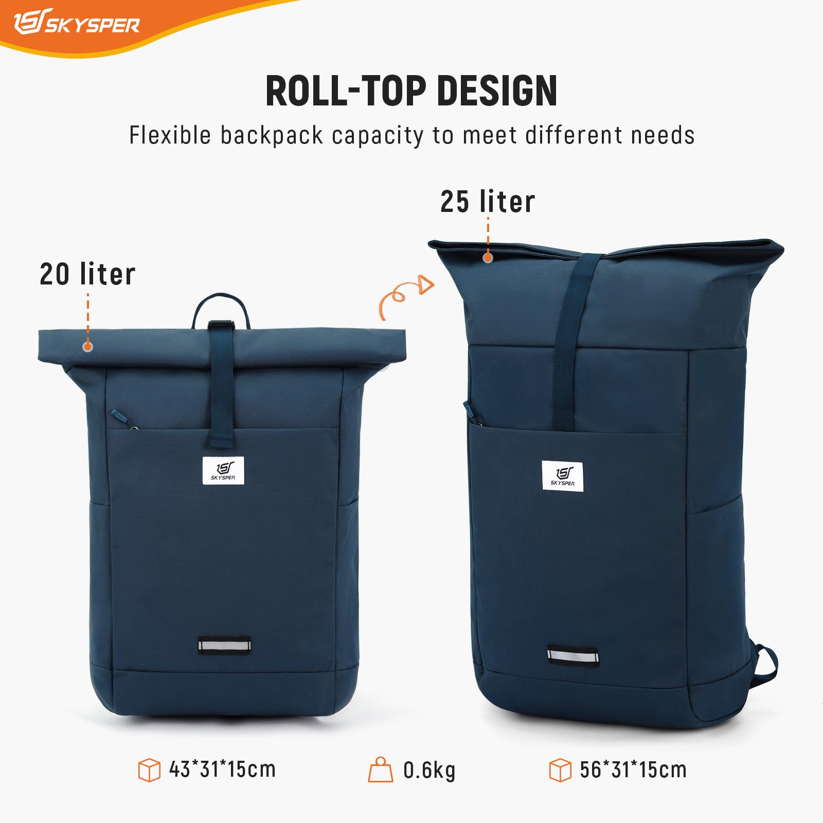 SKYSPER Rolltop plecak dla mężczyzn i kobiet, z kieszenią na laptopa, plecak podróżny, na rower, na uczelnię, do pracy, uniseks, na laptopa, plecak szkolny