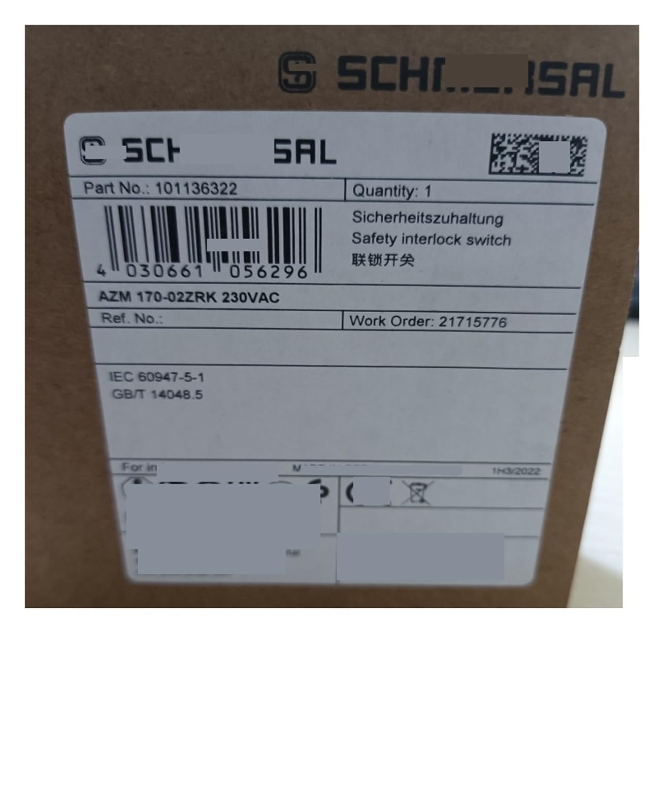 Interruptor de seguridad 170-02ZRK 230VAC Interruptor de bloqueo