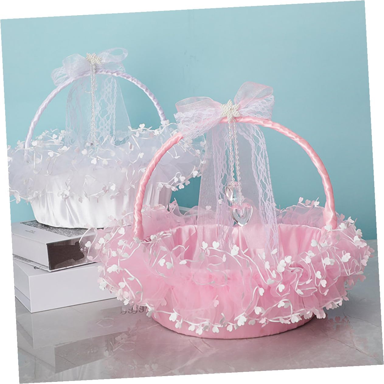 Ipetboom Lace Wedding Flower Girl Basket Portable Handheld Flower Holder Foldable Pink for Ceremony Supplies