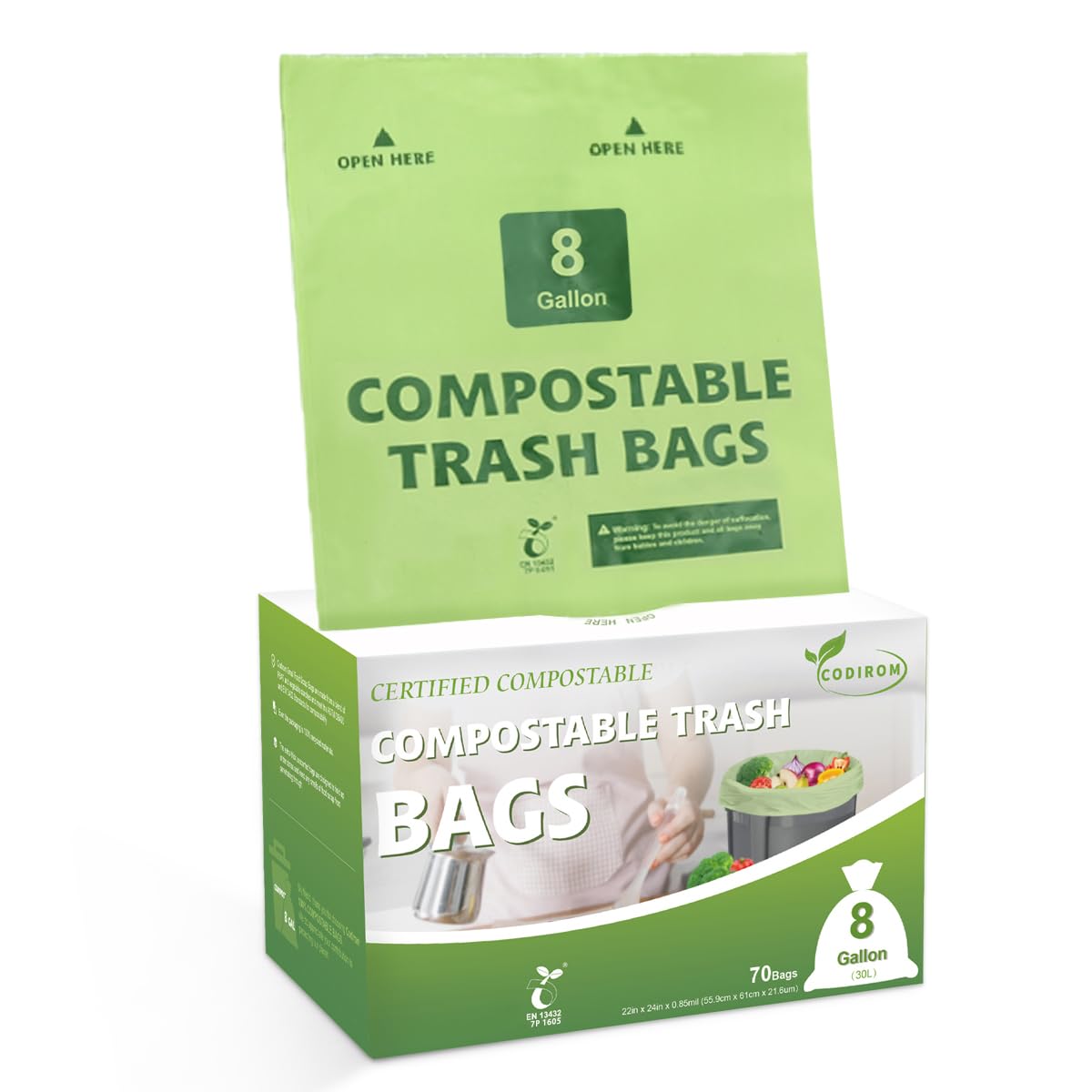 Codirom Green 100% Compostable Trash Bags, 8 Gallon, 30 Liter, 0.85 Mils, 70 Count Large Kitchen Food Scrap Compost Bags For Kitchen Step Trash Cans With Europe En13432 Certified