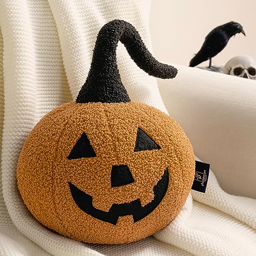 Phantoscope Happy Halloween Pumpkin Shaped Throw Pillow, Teddy Fleece Jack-o’-Lantern Pumpkin Pillow, Ultra Soft Sherpa Fall Decorative Halloween Cushion Pillow, Orange, 9.5 x 9.5 inches