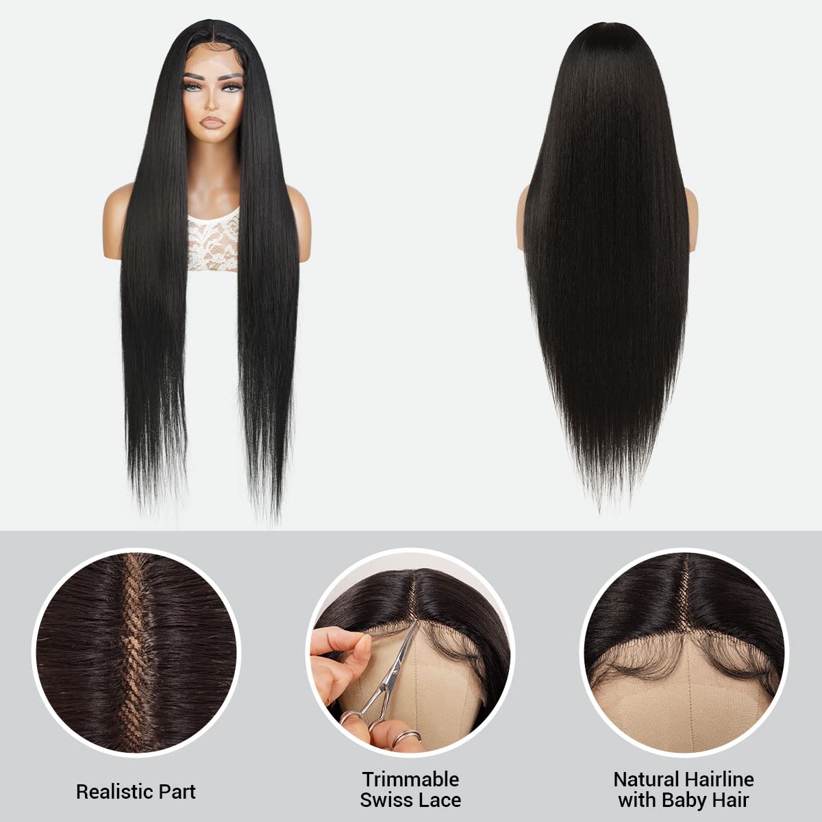 36 Inch Bone Straight Super Long length Wig Lace Front Wigs Middle Center Part Wig for Black Women Realistic Hairline Heat Resistant Synthetic Wig DPL002 (36 Inch, 1B-Off Black)