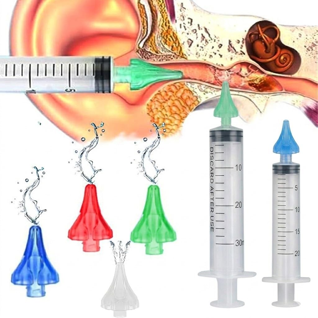 Zestaw do czyszczenia uszu dla zwierząt domowych, zawiera strzykawki 30 ml i 20 ml i 4 kolorowe dysze z wieloma otworami, delikatny roztwór czyszczący dla psów i kotów, narzędzie do płukania