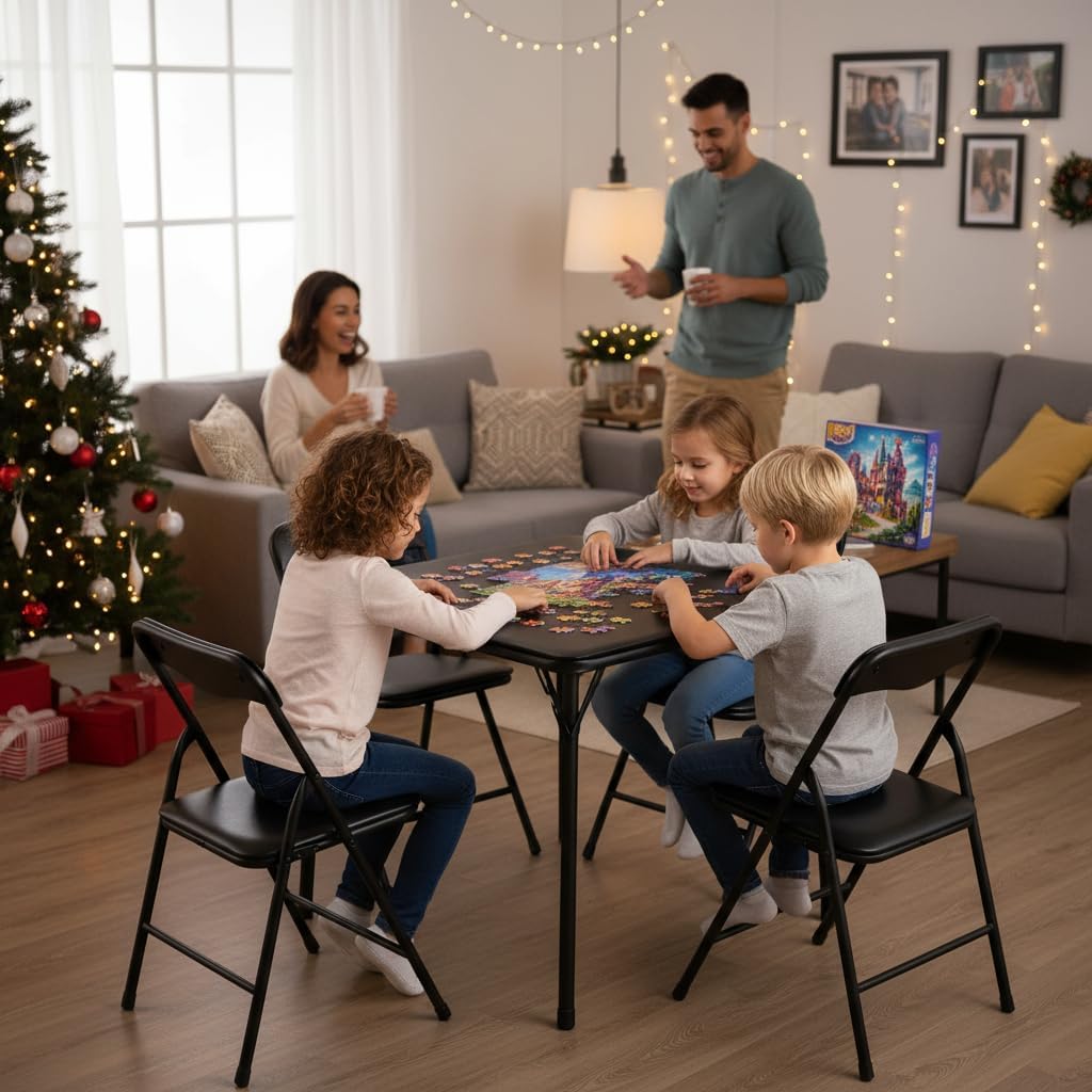 FurnitureR Kids 5-Piece Folding Square Table and Chair Set, Toddler Dining/Studying/Playing/Drawing Set Ideal for Daycare and Classrooms, Children's Activity Set, Black