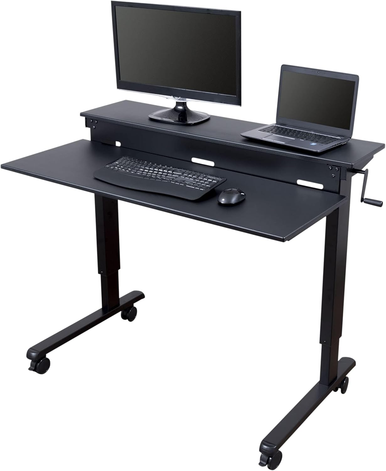 S STAND UP DESK STORE Crank Adjustable 2-Tier Standing Desk with Heavy Duty Steel Frame (Silver Frame/Black Top, 60 inch Wide)