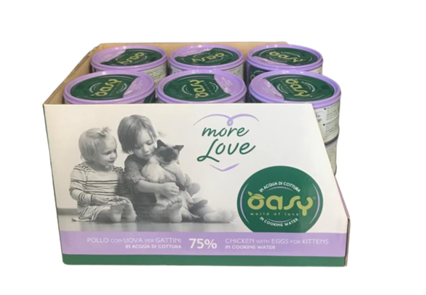 Oasy More Love cibo umido naturale per Gattini gusto Pollo con Uova. Confezione da 24 scatolette (1 scatoletta = 70 gr.) Formulato senza glutine