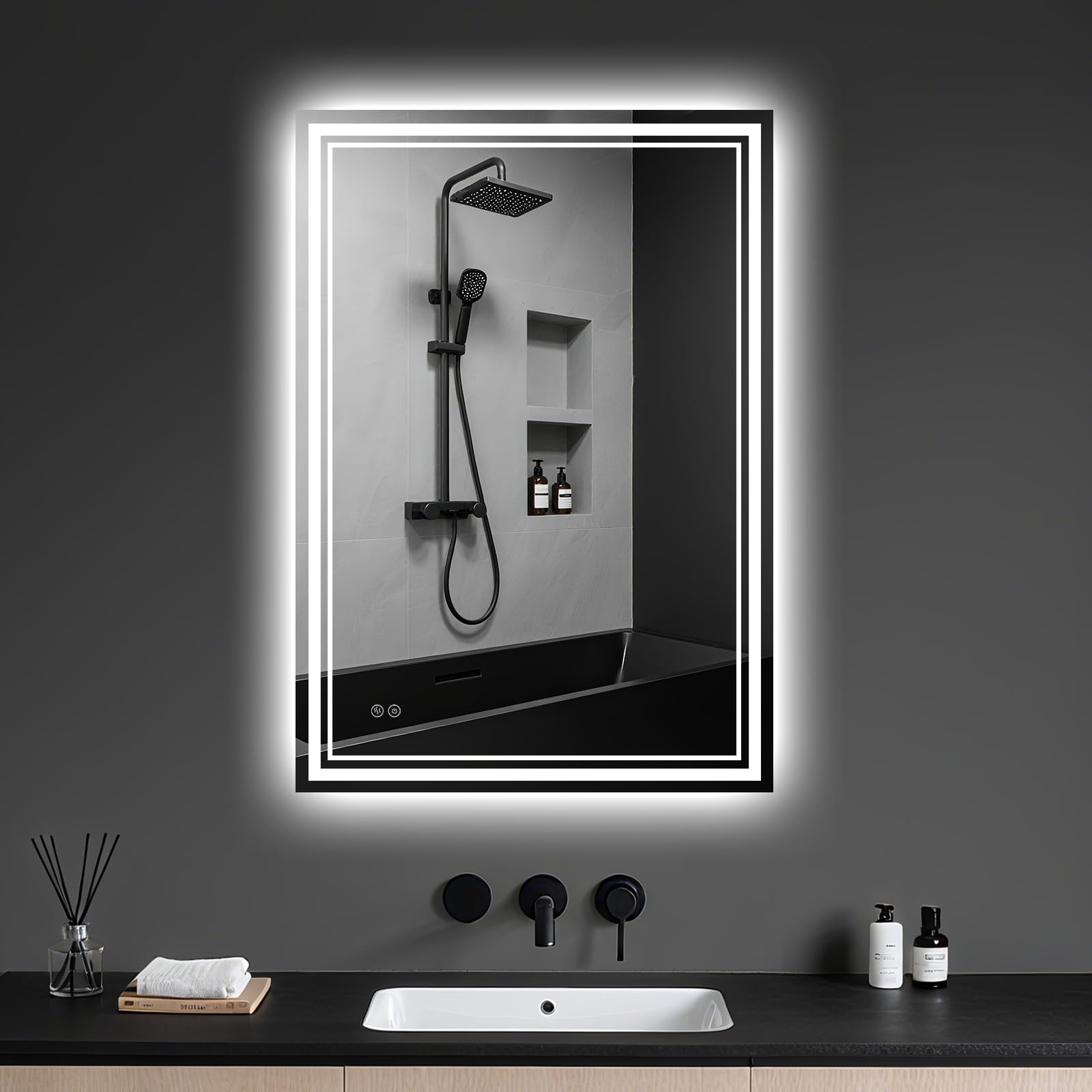 Archaluxe Bathroom Mirror with LED Light: 500x700mm Illuminated Wall Mounted LED-Bathroom-Mirror with Shaver Socket, Anti-Fog,3 Colors Dimmable, Memory Function, IP44 Smart Mirror Horizontal/Vertical — image 1