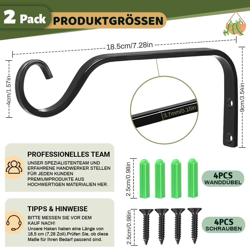 Ganci Da Parete Per Fioriere MIVITOOM, 2 Pezzi, In Ferro Nero 18,5 Cm, Portata 20 Kg, Per Piante E Lanterne, Per Esterni