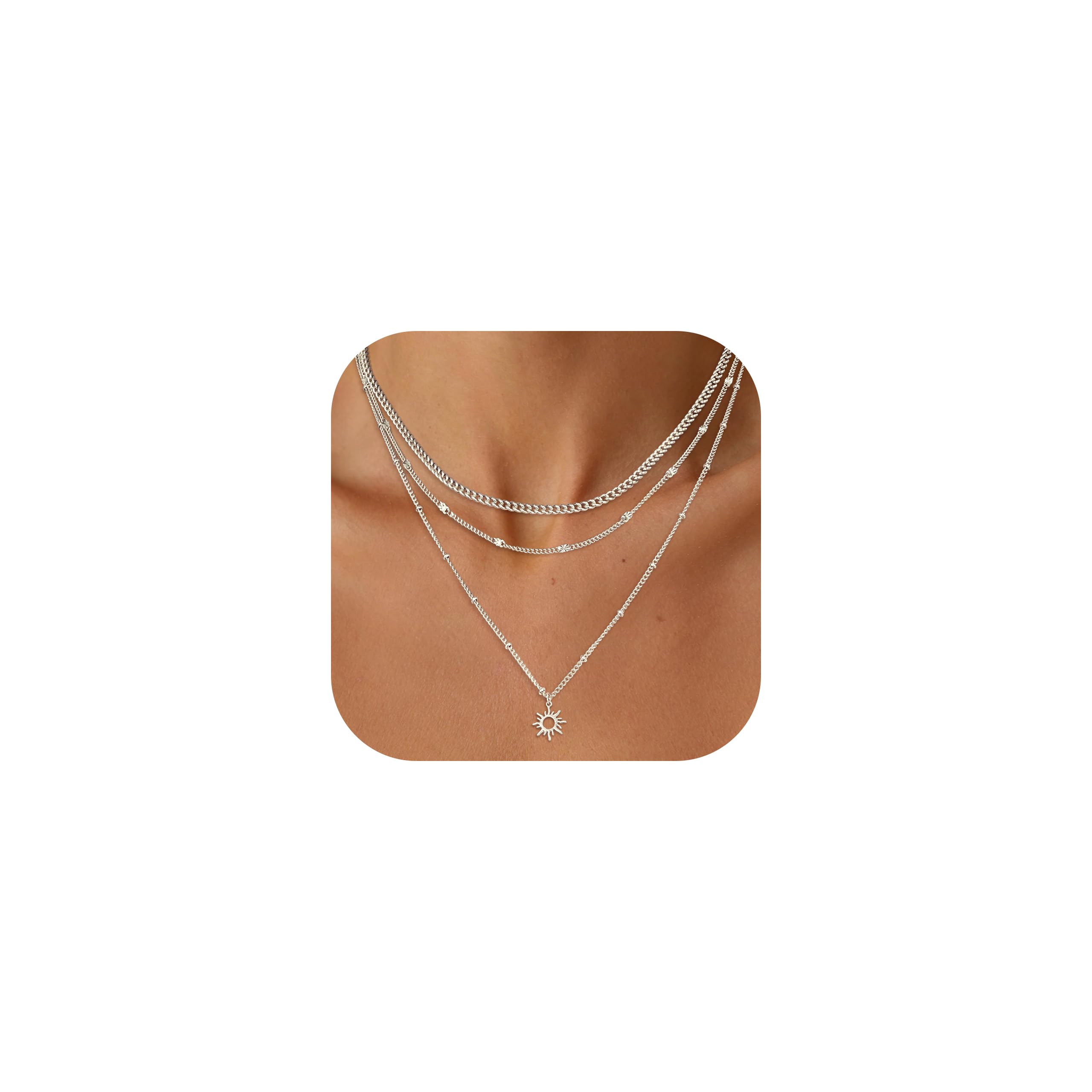 Halora 3Pcs Kette Silber Damen 14K Vergoldete Halskette Damen Gold | Layering Halskette Damen, Ketten mit Sun/Herz/CZ/Blume/Kreuz Anhänger, Goldkette, Silberkette, Schmuck Geschenke für Frauen