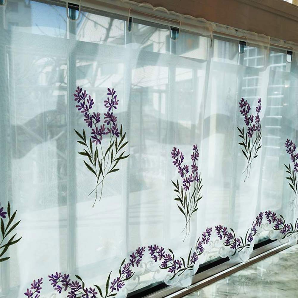 SERENEPEAK Short Curtains, Purple Lavender Sheer Curtain Valance for Windows, Nordic Style Embroidery Short Curtain, White, Window Treatment Half Drapes(W150xH120cm/W59xH47in)