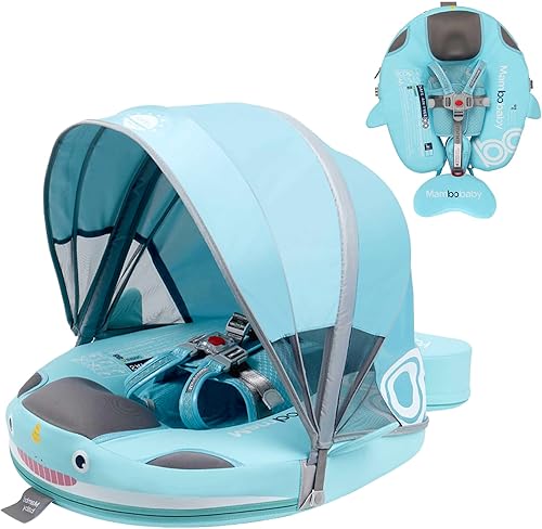 Flotador Mambobaby no inflable con toldo, flotador de natación con protección UV para bebé con hebilla de seguridad, entrenador de natación de cola