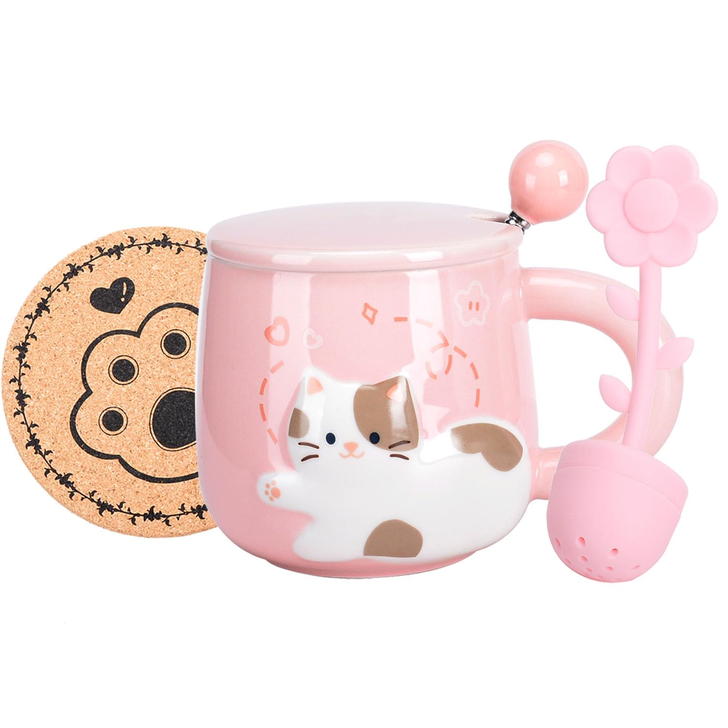 Süße Keramik Teetasse Mit Katzen-Design – Inkl. Blumen-Teefilter, Deckel, Löffel & Untersetzer
