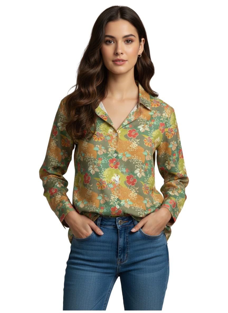 ANNI Designer Bedrucktes Damenhemd aus Baumwollmischgewebe, langärmelig, normale Passform, Kragen, legere Bürokleidung, elegante Western-Kleidung für den Alltag, Hochzeit, Party