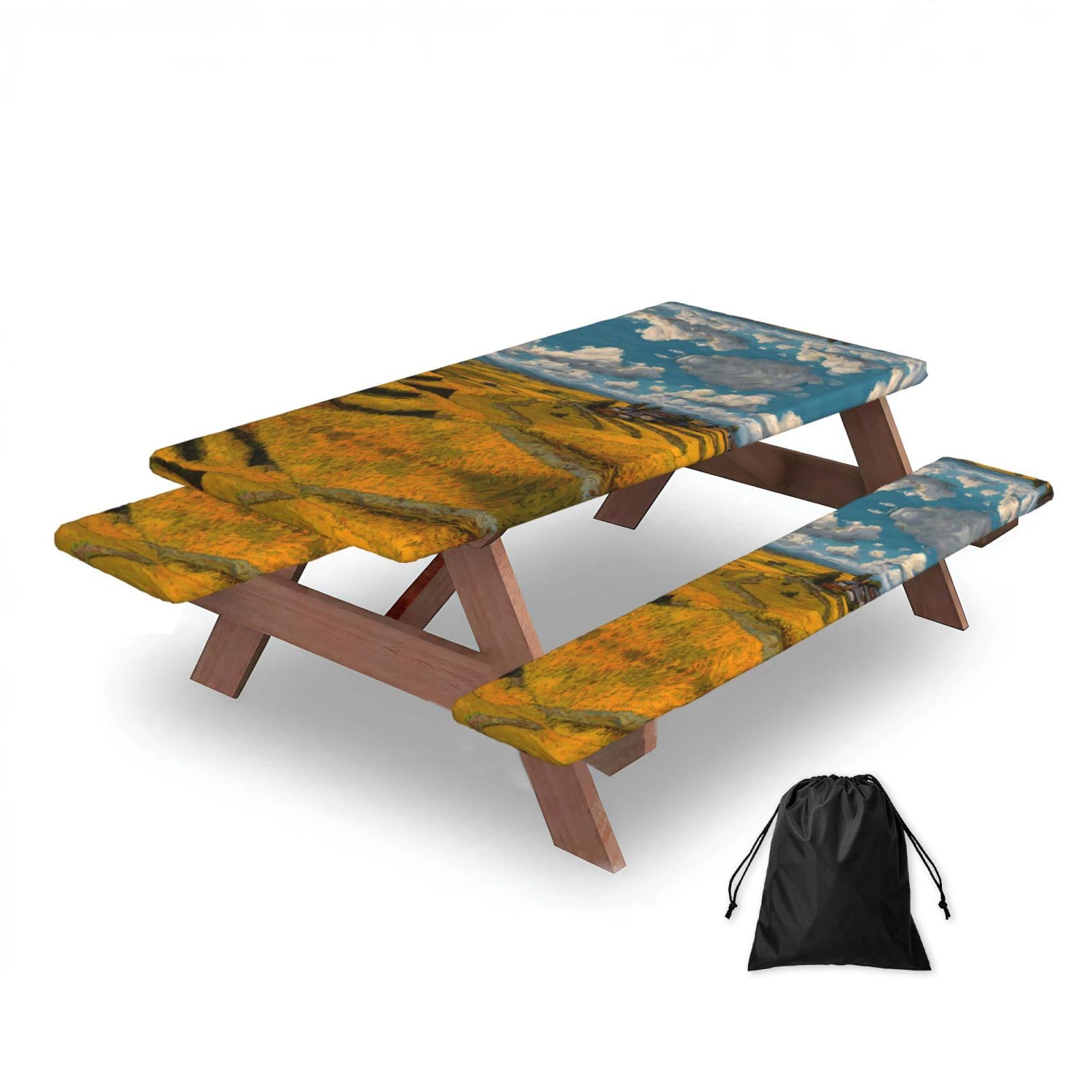ESNAIUVCD Autumn Rice Fields Print Picnic Table Cover With Bench Covers,Camping Essentials,Fitted Tablecloth Cover With Elastic Edge, For Indoor & Outdoor 3 Pcs