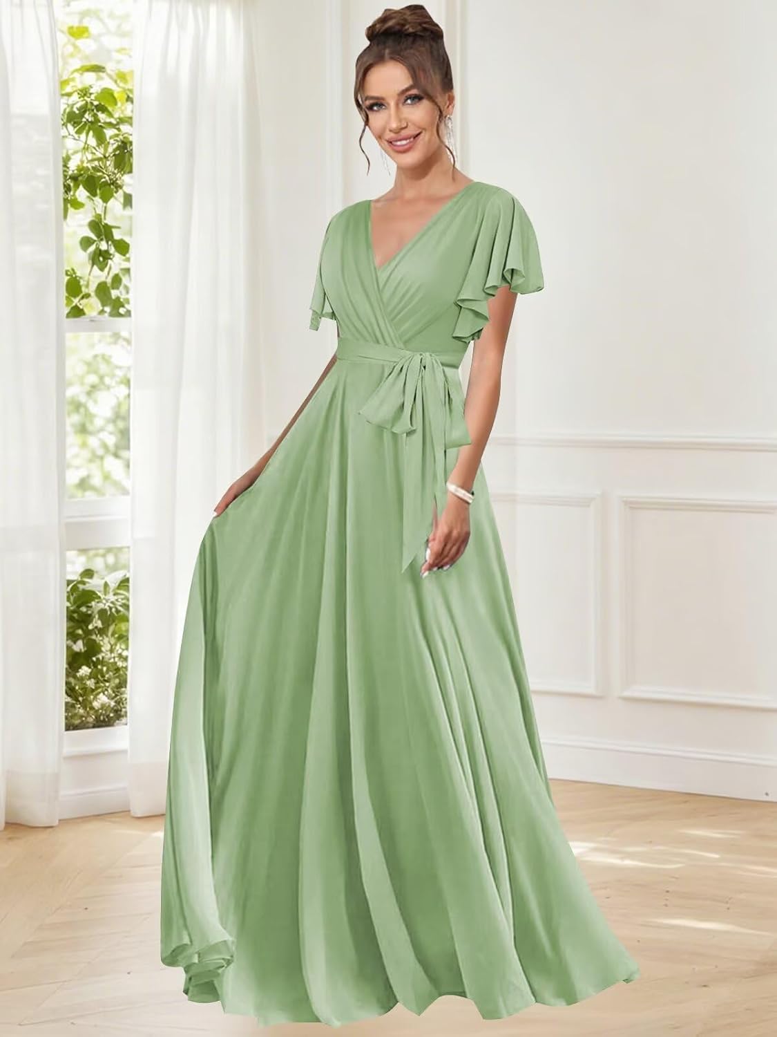 petyoo Flutter Sleeve Bridesmaid Dresses Long Chiffon V Neck Formal Evening Dress with Sash