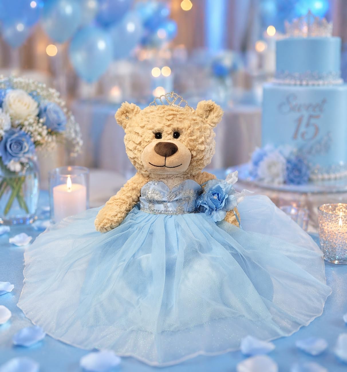 KINNEX COLLECTIONS SINCE 1997 Large 20” Quinceañera Teddy Bear Centerpiece – Elegant Dress, Oversized Keepsake Gift for 15 Años, OSO Quinceañera Decoración B16632-4 (Baby Blue)