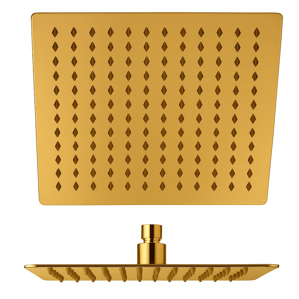 Sistema de Ducha y Baño Nite con Monomando Alpha SUB - Rociador Atlas 25x25 cm - Caño Plegable para Bañera - Altura Ajustable y Mango de 3 Funciones (Oro Cepillado)